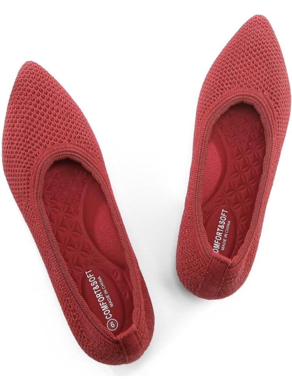 Women's Red Comfort Pointed Toe Softable Pull On Knit Dress Casual Flat Shoes